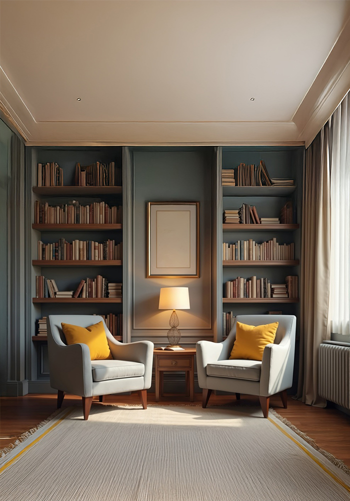 counselling-burlington-ontario office with two chairs and bookshelfs
